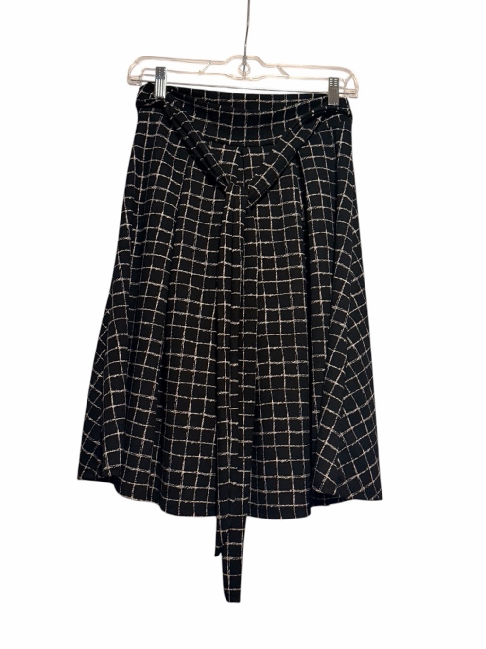 See You Monday Black Windowpane A-Line Tie-Waist Midi Skirt Size Medium